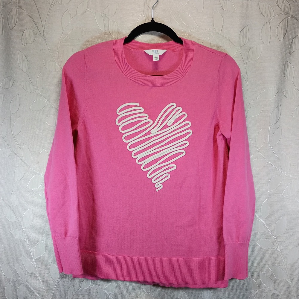 Time and Tru Pink Heart Graphic Crewneck Sweater Womens Small 4-6 Pullover
